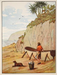 La canoa de Robinson Crusoe, ilustración de La historia de Robinson Crusoe: Una adaptación para niños siguiendo el lenguaje de Defoe, pub. por Griffith Farran Browne & Co. Limited, Londres