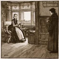 Visita de Roger Ascham a Lady Jane Grey, ilustración de la Historia Ilustrada de Inglaterra de Cassell