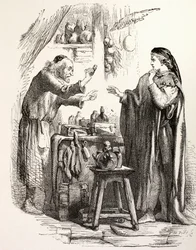 Romeo compra veneno del boticario, ilustración de Romeo y Julieta, de 