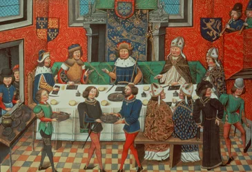 Roy 14 E IV f.244v, El duque de Lancaster cena con el rey de Portugal, del vol. III «Desde la coronación de Ricardo II hasta 1387», de Jean de Batard Wavrin