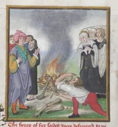 Roy 18 D II f.161 Teseo quemando los cuerpos de los atenienses asesinados por el rey Creonte de Tebas, del 