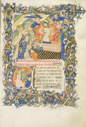 Roy 2 B I f.8 Figura coronada sostenida por un santo de barba gris arrodillado ante una imagen de Piedad, del Salterio de Humphrey Duque de Gloucester, c.1420-30 (vitela)