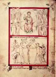 Roy 2 B VII f.3v Dios en una mandorla rodeado de ángeles músicos, Tentación de Eva, del Salterio de la Reina María, c.1310-20 (vitela)