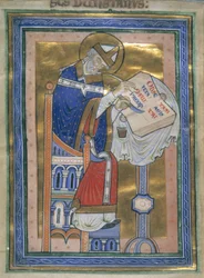 Real 10 A. XIII, f.2v Dunstan escribe la Regla benedictina, ilustración del "Comentario a la Regla de San Benito", c.1170 (tinta, color y oro sobre papel)