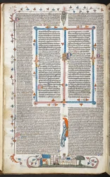 Royal 10 E. IV, f.250v Texto con decoración marginal y King Dining, ilustración de 