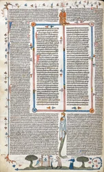 Royal 10 E. IV, f.30v, Texto y escena de bas-de-page de un hombre y una mujer fuera de un edificio, de 