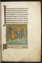 Real 12 F.XIII, f.16   Un cazador disparando una flecha a un animal.  Bestiario (ff. 3-141), Lapidario (ff. 141v-149)  2do cuarto del siglo XIII