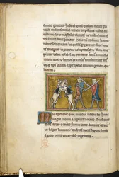 Real 12 F.XIII, f.42v Dos caballeros que luchan a pie con espadas, mientras sus caballos luchan entre sí sobre las patas traseras. , de Bestiario (ff. 3-141), Lapidario (ff. 141v-149)  , segundo cuarto del siglo XIII (vitela)