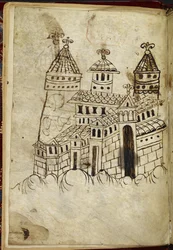 Real edificio románico del 15 A. XVI con tres torres (tinta sobre papel vitela)