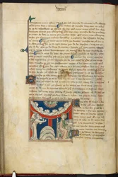 Real 19 B.XV, f.17v La boca de un león y sobre un arco invertido de nube seis cabezas que representan los siete truenos: abajo, a la izquierda, el ángel, y a la derecha, Juan a punto de escribir en el libro, de 