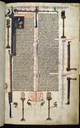 Real 1 D I, f.1r, Jerónimo, frailes sobre columnas, de la Biblia de Guillermo de Devon (vitela)