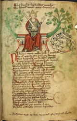 Real 20 A. II f.8 Rey Ricardo I con espada, en su trono, ilustración de la "Crónica de Inglaterra", de Peter de Langtoft (vitela)
