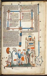 Royal MS 10 IV f.314r El rey, la reina y su castillo con decoración marginal, ilustración de 