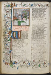 Real MS 18 D II, f.66v, Miniatura de Héctor matando a Patroculus, con una inicial iluminada "W"(hen) y un borde parcial foliado, del Libro de Troya de John Lydgate, c.1457-60 (vitela)