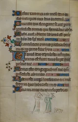 Royal ms 2_B VII f.177v Bas-de-page escena de dos mujeres que llevan halcones y un pequeño perro delante de ellas, con una inicial habitada, ilustración del 