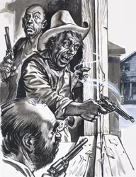 Vaqueros rufianes disparando desde la ventana