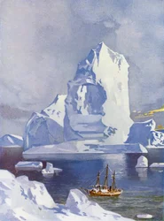 Velero frente a un iceberg gigante (litografia en color)