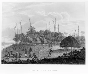 Marineros recolectando provisiones en Car Nicobar, de Voyages and Travels to India, Ceylon, The Red Sea... por George, Viscount Valentia, publicado en 1809