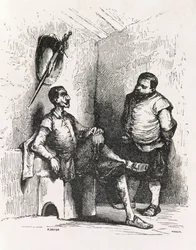 Sancho: Debería ser un raro propietario, ilustración del Acto II, escena I de Don Quijote en Inglaterra. Una Comedia, grabado por P. Soyer