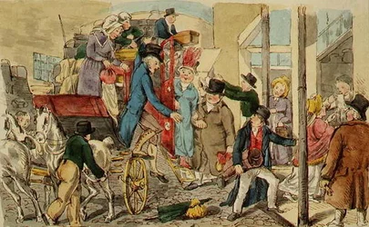 Escena en un patio de posada, la llegada de un carruaje, c.1820