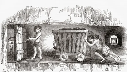 Escena dentro de una mina de carbón inglesa, principios del siglo XIX