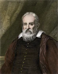 Ciencias y científicos: Retrato de Galileo Galilei de Galilea, astrónomo italiano (1564-1642). Grabado en color.