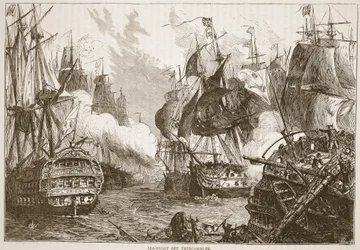 Combate naval frente a Trincomalee, ilustración de Cassells Illustrated History of India de James Grant, pub. 1879