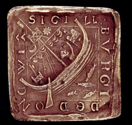 Sello de la ciudad de Dunwich, en Suffolk. Se representa un barco en un mar embravecido, probablemente en alusión a las tormentas que destruyeron parte de la ciudad en 1286 y 1347. Siglo XIV. París, Archivo Nacional