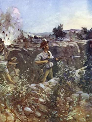 Segundo Teniente Hugo Throssell sosteniendo parte de una trinchera turca capturada contra los contraataques del enemigo, Colina 60, Gallipoli, 29 de agosto de 1915