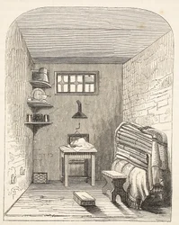 Celda separada en la parte antigua de la prisión de Brixton, ilustración de Las prisiones criminales de Londres y escenas de la vida en prisión de Henry Mayhew y John Binny, pub. 1862
