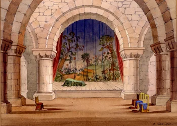 Diseño de escenario para Hamlet de William Shakespeare, 1858