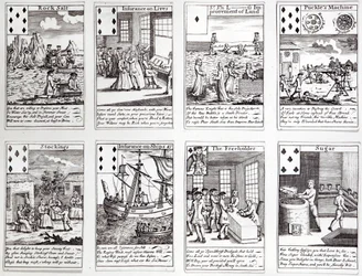 Juego de cartas con escenas satíricas de empresas comerciales e inversiones actuales, c.1720