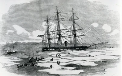 Barco explorando el Ártico (grabado)