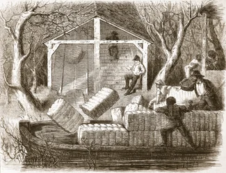 Disparando Cottin-bales en la parte delantera del vapor fluvial Magnolia, ilustración de The Illustrated London News, 1861