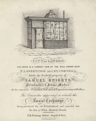 Tienda de Samuel Knights, vendedor de impresiones y fabricante de marcos, 3 Sweetings Alley, Cornhill, Ciudad de Londres