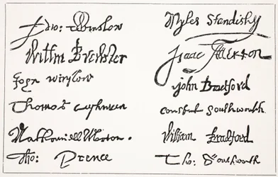 Firmas de los Padres Peregrinos, ilustración de la Historia de la Nación Británica de Hutchinson, c.1923