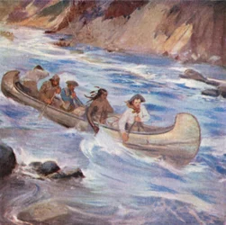 Simon Fraser disparando en los rápidos del río Fraser (litografía en color)