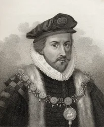 Sir Christopher Hatton, grabado por Bocquet, ilustración de 