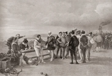 Sir Francis Drake jugando a los bolos, con la Armada española a la vista en Plymouth Hoe, Inglaterra, en 1588.