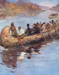Sir George Simpson en su viaje de inspección desde la bahía de Hudson hasta la costa del Pacífico (litografía en color)