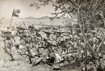 Sir Henry Morton Stanley y sus hombres salen por fin de la selva y llegan a las praderas en 1887, durante la expedición de socorro de Emin Pasha en África.