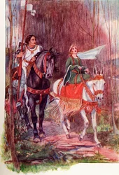 Sir Lancelot y la reina Ginebra. Ilustración coloreada del libro The Gateway to Tennyson publicado en 1910.