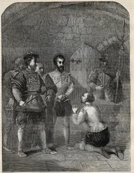 Sir Thomas Wyatt el Joven (1521-1554) camino a su ejecución, exonerando solemnemente a la Princesa Isabel y a Courtenay de participar en su rebelión - 1554 - grabado de “Historia de Inglaterra” por Cassell Petter & Galpin