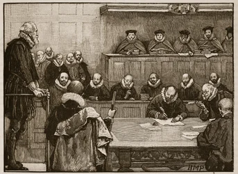 Sir Walter Raleigh ante los jueces, ilustración de la Historia Ilustrada de Inglaterra de Cassell