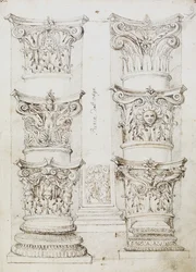 Seis capitales, una lesena y dos bases de columna, Folio 1, El maestro del álbum de Oxford, c.1512-17