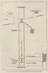 Mapa esquemático de Phoenix Park, Dublín, mostrando la escena de los asesinatos (grabado)