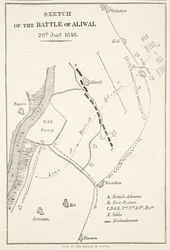 Esquema de la Batalla de Aliwal, 28 de enero de 1846, de la Historia Ilustrada de Inglaterra de Cassell