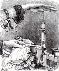 Pequeña máquina de coser de puntada recta, ocho pulgadas de largo, pesando 8 onzas, de Cassells Family Magazine, publicado en 1886