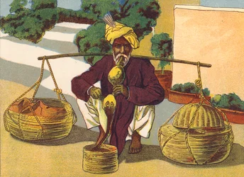 Encantador de serpientes, India (litografía en color)