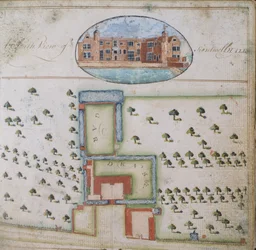 Vista sur de Kentwell Hall, del levantamiento de la finca de Richard Moore, Esq., Kentwell Hall, Suffolk, 1777